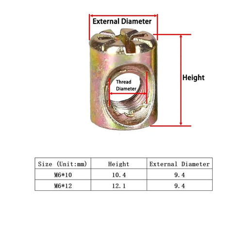 Heavy Duty M6 Zinc Plated Slotted Barrel Nuts For Woodworking And Furniture Easy To Install Creates Rock Solid Joints With Metric Bolts Fits 10mm To 12mm Bolts Pack Of 2 5 Or 10 Pieces Built To Last showing dimensions