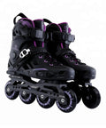 Inline Skates For Girls And Boys Beginner Friendly Professional Roller Blades For Women And Men Adjustable Size Black Purple Colorway Durable Shell Easy Locking Buckle And Lace Closure For Quick Comfortable All Day Rides, black purple skates with locking buckle and lace closure.