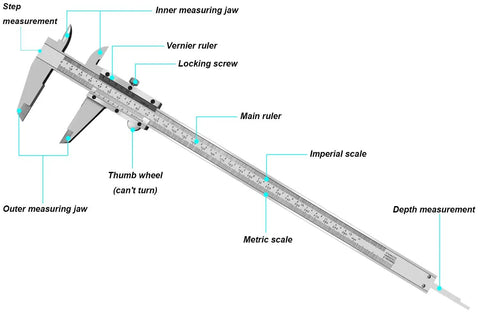 Labeled diagram of Pro Grade Stainless Steel Vernier Caliper 0 To 12 Inch 300mm Micrometer Style Measuring Tool with depth and step measurements