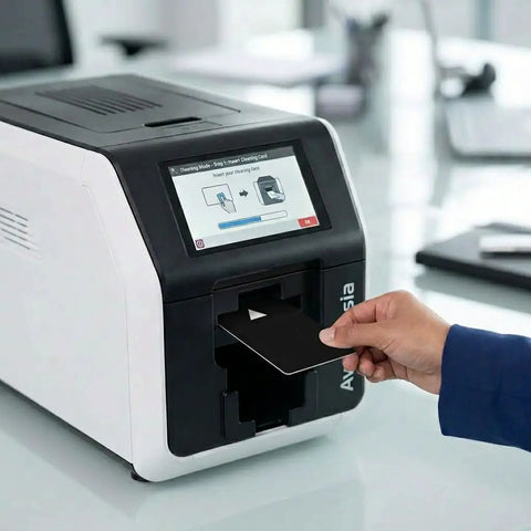 User inserting a cleaning card into Evolis Avansia ID printer using Top Tier Cleaning Cards For Evolis Avansia ID Card Printer 50 Pack Roller Maintenance Kit.