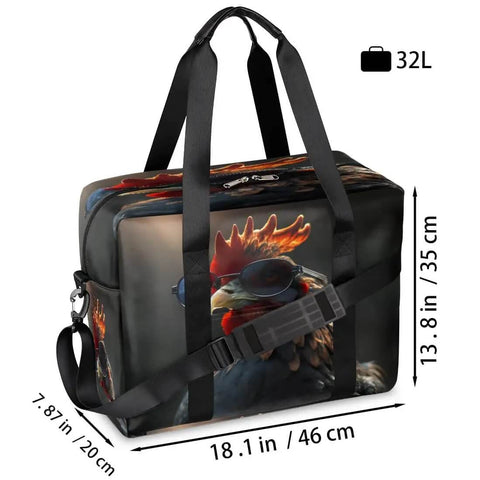 Waterproof Weekender Carry On Duffel For Women Durable Gym Bag And Overnight Travel Tote Lightweight Tear Resistant Polyester Black Rooster Design bag with dimensions 18.1 x 13.8 inches.