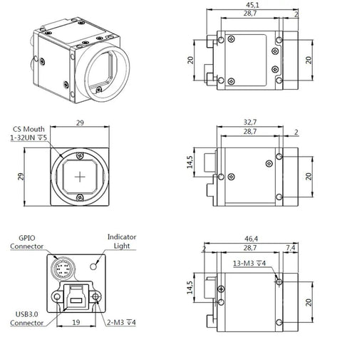 Technical drawing of Jet Fast USB 3.0 Color Machine Vision Camera With Global Shutter, showcasing dimensions and C Mount details.