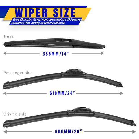Honda Pilot Windshield Wiper Blades Set Of 3 Replacement OEM Quality 26 Inch 24 Inch 14 Inch U Hook Front Wipers size chart