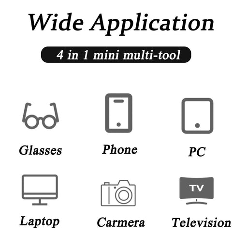 Two Pack Handy Mini Eyeglasses Screwdriver Set 4 In 1 Repair Tool text and icons for glasses, phone, laptop, camera, TV