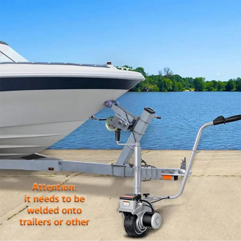 Heavy Duty Electric Trailer Dolly With 5000 Lbs Tow Capacity, Powerful 350W Motor attached to boat trailer at dock.