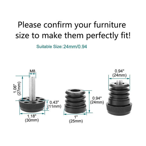 Diagram showing dimensions of 1 Inch Furniture Leveling Feet Set, 25mm OD Round Insert Adjustable Levelers for tables and cabinets.