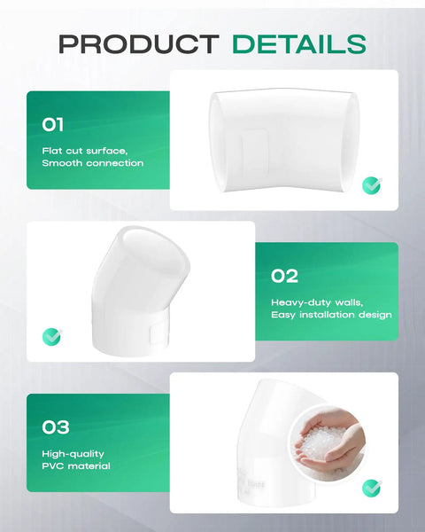 Detailed product features of Four Pack 1-1/2 Inch 45 Degree PVC Elbow Fittings Furniture Grade SCH40 PVC Connectors in white.