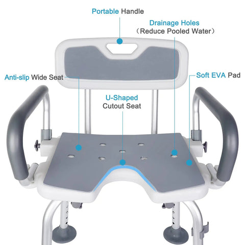 Heavy Duty Shower Chair With Detachable Arms And Back 350 Lb Capacity Non Slip Bath Seat With U-shaped cutout and grab bar