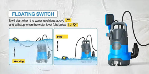 Badass 1HP Submersible Sump Pump Pushes Hella Fast 4500GPH showing auto float switch operation in water.