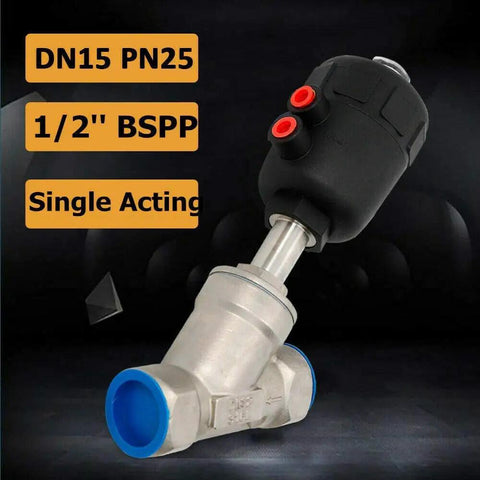 DN15 One Half Inch Pneumatic Angle Seat Valve For Steam Systems, Air Actuated, Black Actuator, 304 Stainless Steel Valve