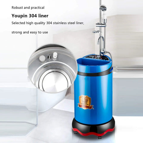 Hella Fast Heating Portable Electric Shower Tank With Slick Remote Control Badass Sixty To Seventy Liter Mobile Water Heater In High Matching Red, featuring a stainless steel liner.