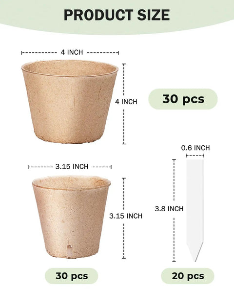 Seed Starter Pots Set With 60 Pcs In 3.15 And 4 Inch Sizes, Drainage Holes For Easy Transplanting, Compostable Nursery Pots, Plus 20 Bonus Plant Labels