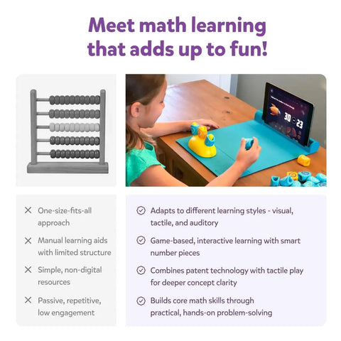 AR Powered Math Games Kit For Kids Ages Five To Seven With Numbers And Operators A Hands On Learning Toy That Turns Your Phone Or Tablet Into A Fun STEM Challenge With 250 Plus Levels And Story Based Puzzles Perfect Christmas Gift, child using tablet, abacus and number pieces