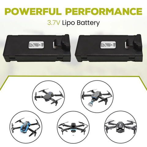 2 Pack 3.7V 1000mAh LiPo Battery For E88 E88MAX E99 E99MAX BD101 P15PRO P8 A13 A15 K10MAX K9MAX S1S And Other RC Drones Quadcopters High Capacity Spare Parts, featuring two black batteries displayed with compatible drone models.