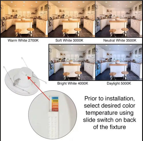 5 color output options of 6 Inch Integrated LED Recessed Downlight With Night Light Trim, 11W 670 Lumens, Wet Rated