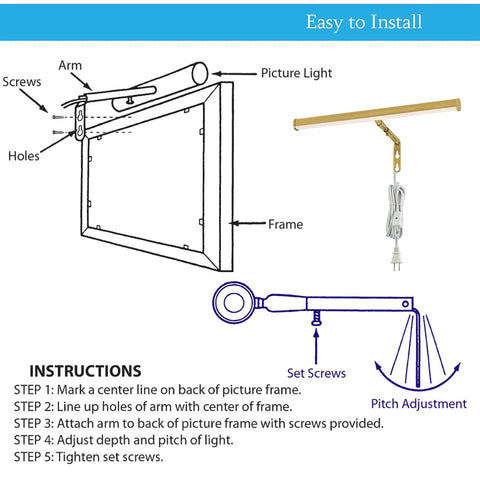 Installation diagram for Sleek Slimline Picture Light for Artwork Displays with Integrated LED, 14 Inch Adjustable Wall Light.