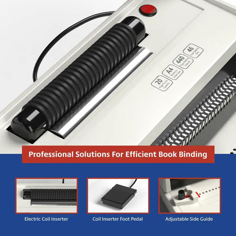 Coil Binding Machine With Electric Inserter And Foot Pedal For Fast Easy Doc Binding, displays electric inserter and foot pedal