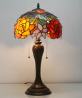 Tiffany Style Stained Glass Table Lamp With Red Rose Pattern, 12 Inch Shade, 22 Inch Tall, Resin Antique Green Bronze Base, Pull Chain
