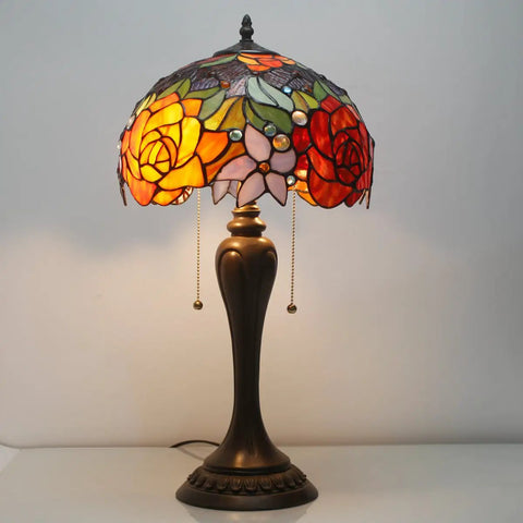 Tiffany Style Stained Glass Table Lamp With Red Rose Pattern, 12 Inch Shade, 22 Inch Tall, Resin Antique Green Bronze Base, Pull Chain