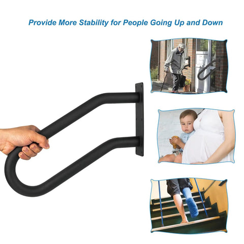 Heavy Duty U Shaped Handrail 2 Pack Wall Mount Stair Support Bar With Tight Non Slip Grip Black Powder Coated Finish for safe use.