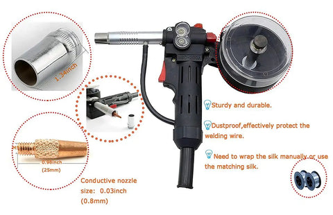 Close-up view of Aluminum Spool Gun for Spoolmate 3035 210 Series, 16ft Cable, highlighting nozzle and wire casing details.