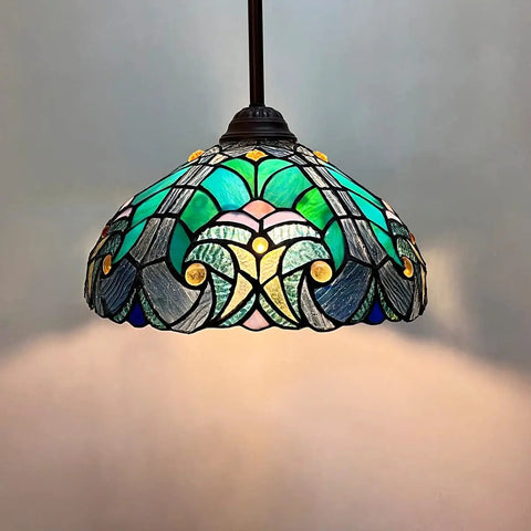 Sea Green Tiffany Style Pendant Light 12 Inch Wide Stained Glass Hanging Lamp for Kitchen Dining Room and Bar, Vintage Victorian Vibe