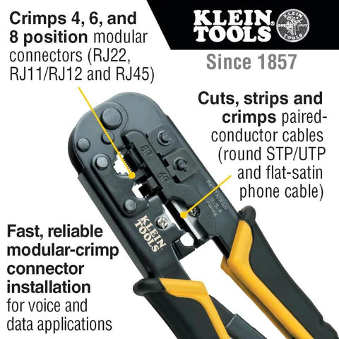 All In One Modular Installation Kit With Ratcheting Crimper And Stripper For RJ11 RJ12 RJ45 Connectors showing crimping tool