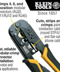 Coax Installation Kit With Crimp Tool, Cable Cutter, Stripper, F Connectors And Storage Bag For Quick, Pro Grade Cable Runs And Easy Field Installations showing Klein Tools modular-crimp connector installation tool close-up.