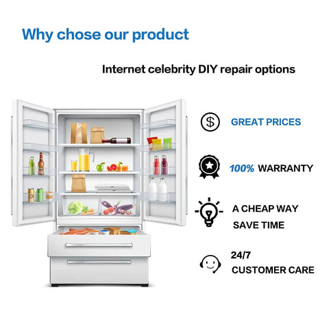 Open fridge interior with shelves stocked, highlighting great prices and 24/7 customer care, for Upgraded OEM Refrigerator Evaporator Fan Motor Replacement V80E14MS2A3-57A611 For 60X Series Fridges Compatible With WR60X26033 WR60X10341 WR60X10356 WR60X10357 And More 10 Years Warranty.