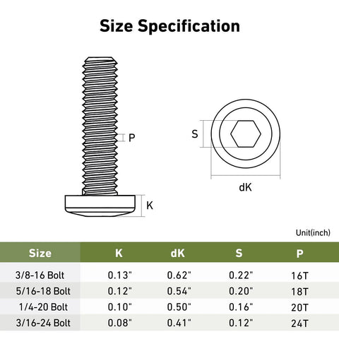 Heavy Duty 1/4-20 x 2-1/2 Inch Flat Head Hex Socket Cap Screws Bolts, 20 Pack, 304 Stainless Steel, size chart