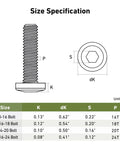Kickass 1/4-20 X 2-1/2 Flat Head Hex Socket Cap Screws size specification diagram showing dimensions K, dK, S, P in inches.