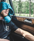 Hooded Travel Pillow With 360 Neck And Head Support, Memory Foam, Adjustable Light Blocking Hood, Ultra Soft Micro Fleece, Carry Bag Included, Built For Car Or Plane Sleep On The Go on man resting in car