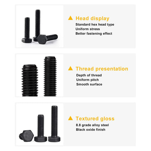 M6 Hex Head Bolts And Nuts Assortment Kit, Pro Grade 8.8 Alloy Steel Screws With Tough Black Oxide Coat, detailed head, thread, and finish views.