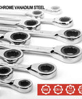 Close-up of Ratcheting Wrench Set With 22 Pieces Built Tough In CR V Steel 72 Tooth Drive Long Open End Wrenches ANSI Certified