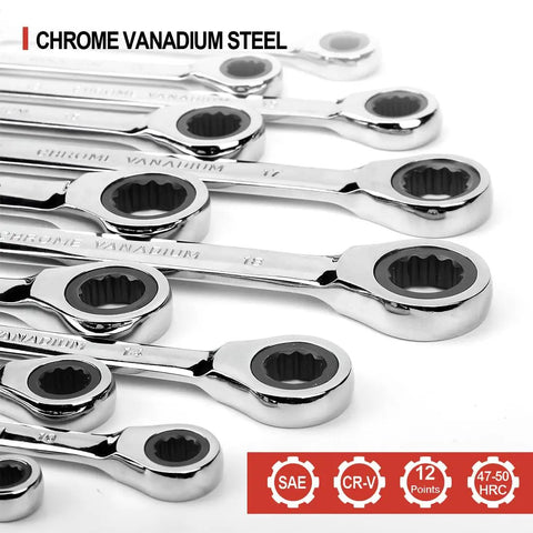 Close-up of Ratcheting Wrench Set With 22 Pieces Built Tough In CR V Steel 72 Tooth Drive Long Open End Wrenches ANSI Certified