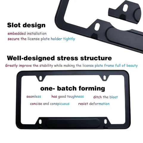 Premium Black Aluminum License Plate Frame Set 2 Pack 4 Hole No Fuss Metal Build Waterproof Anti Corrosion Matte Finish Includes Screw Caps Cover Easy Install Fits Range Rover and Most Vehicles detail of slot design and stress structure