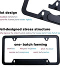 Two Pack Black Aluminum License Plate Frames With Matte Finish For BMW 1 Series Through X7 And M Models, 4 Hole Mount, Waterproof And Anti Corrosion, Includes Screw Caps Cover Kit, Durable Lightweight Aluminum Frames, showing design features and structure.