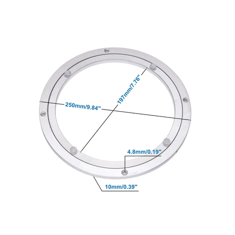 The Real Deal Built Tough Aluminum Lazy Susan Turntable Base, 10mm thick, 250mm diameter, clear plate with dimensions shown.
