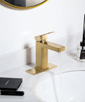 Brushed Gold Single Hole Bathroom Faucet With Pop Up Drain, modern one handle, solid brass, flowing water, vanity sink, deck plate view