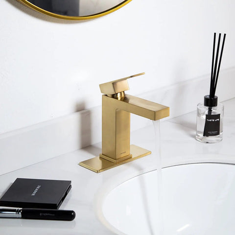 Brushed Gold Single Hole Bathroom Faucet With Pop Up Drain, modern one handle, solid brass, flowing water, vanity sink, deck plate view
