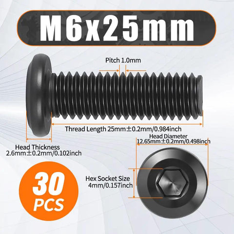 M6 X 25Mm Flat Head Socket Cap Screws Premium 304 Stainless Steel Zero Rust Countersunk Bolts top view measuring details