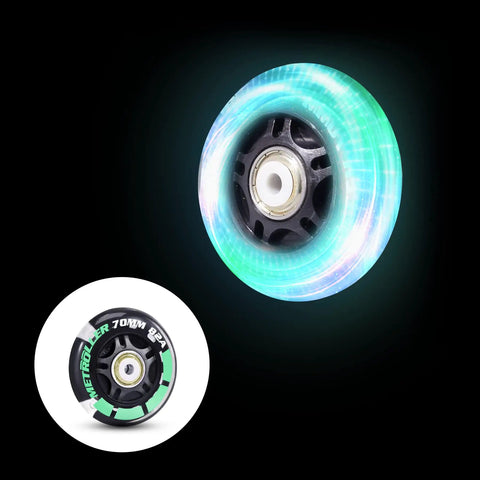 A glowing green 70mm inline skate wheel with ABEC-7 bearing, part of 8 Pack 70mm Light Up Inline Skate Wheels With ABEC 7 Bearings 82A Hardness For Indoor Outdoor Replacement Roller Blade Wheels No Tool Required Great For Park And Street Skating Easy To Install.