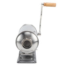 Front view of 3L Manual Sausage Stuffer In Stainless Steel, Horizontal Meat Filling Machine with Easy Turn Handle for Home Kitchen Use.