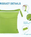 Cloth Diaper Wet And Dry Bags 2 Pack With Dual Zippered Pockets Waterproof, green bag showing product details, 30 cm by 36 cm size