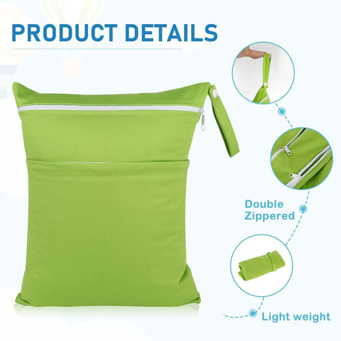Cloth Diaper Wet And Dry Bags 2 Pack With Dual Zippered Pockets Waterproof, green bag showing product details, 30 cm by 36 cm size