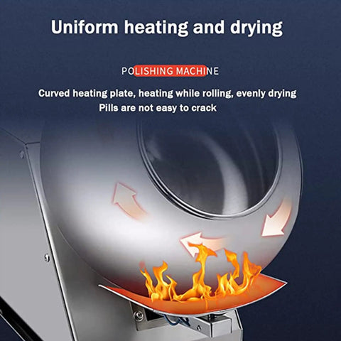 Smooth Operator Sugar Coating Machine With Steady Heat Controls For Shiny Candy Polish And Fast Tablet Glazing, showing curved heating plate.