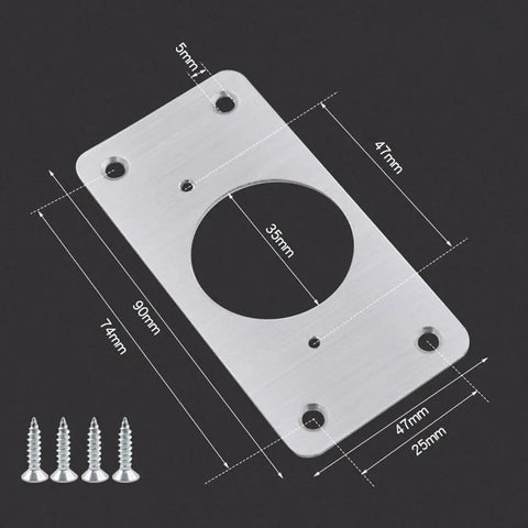 Stainless Steel Cabinet Hinge Repair Plate Fixing Bracket With Screws, Rust Resistant Silver Finish, with measurements shown