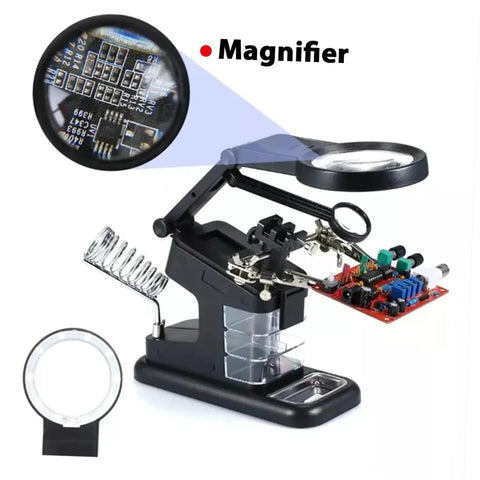 Rechargeable USB Welding Clip Light With Magnifier for soldering and repair on the workbench, showing magnifier lens detail