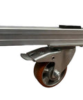 Built Damn Tough Portable Gantry Crane 1 Ton Capacity Adjustable Height Heavy Steel Hoist With Smooth Rolling Wheels close-up of the caster wheel and frame.