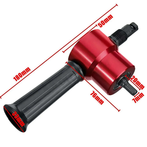 Beefy Heavy Duty Double Headed Metal Nibbler Cutter for Sheet Metal, 360 Degree Rotating Cutting Heads, red finish, with dimensions shown